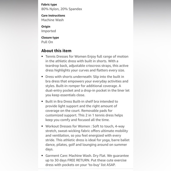 Tennis Dress Built in Shorts and Bra Adjustable Straps Athletic with Pockets - Picture 4 of 7